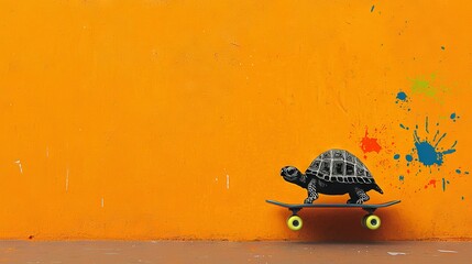 Poster -   A turtle riding a skateboard against a yellow wall with paint splatters on the walls is a stunning piece of art The vibrant colors and dynamic composition capture the essence of