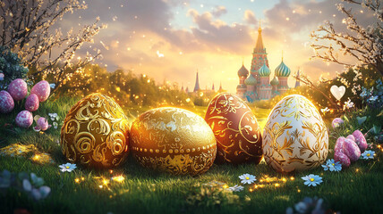 Canvas Print - Orthodox Easter eggs and the Moscow Kremlin Orthodox Easter eggs and hand-painted. Orthodox churches and Easter eggs.