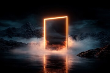 Poster - A minimalist concept of an open door with soft light shining through, symbolizing a warm welcome in muted blue tones