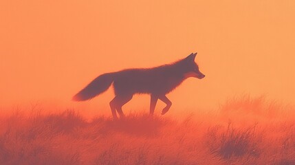 Sticker -   A lone wolf walked through a field of tall grass during the early hours of an orange, foggy sky