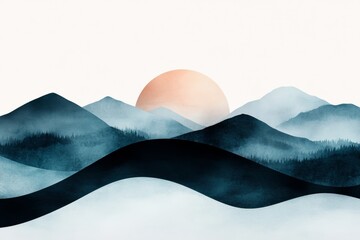 Wall Mural - A minimalist depiction of mountains using geometric shapes in shades of blue and gray, set against a plain white background