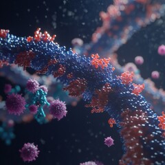 Poster - Exploring the intricate details of an RNA chain surrounded by diverse viral structures in a molecular environment. Generative AI