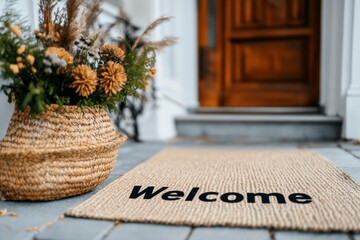 Fototapete - A minimalist design of a clean, modern welcome mat with a single bold word â€œWelcomeâ€ in black on a white background