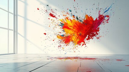 Fototapete - Colorful paint splash decorates a minimalist room with sunlight streaming through large windows. Generative AI