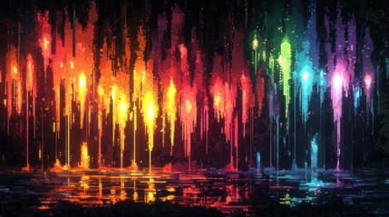 Poster - Colorful abstract display of lights reflecting on a dark surface in a digital artwork. Generative AI