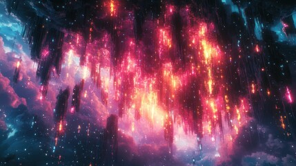 Poster - Vibrant cosmic light display illuminates a dreamlike landscape at twilight. Generative AI