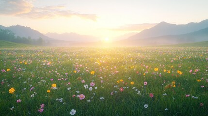 Poster - Vibrant wildflower meadow illuminated by sunrise with mountains in the background. Generative AI