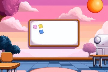 Poster - A pixel art depiction of a whiteboard with tiny colorful notes and a cheerful classroom backdrop, rendered in a retro, 8-bit style