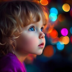 Wall Mural - portrait of a child blured colourful lights all around 