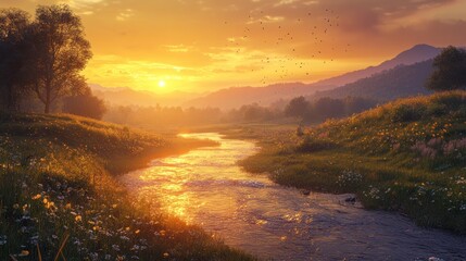 Poster - Sunrise over a serene river valley with lush greenery and gentle flowing water. Generative AI