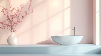 Poster - Beautiful bathroom design featuring a modern sink and fresh flowers in a soft pastel setting. Generative AI