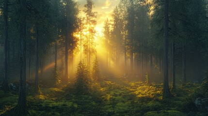 Poster - Sunlight filters through tall trees in a serene forest at dawn, creating a magical atmosphere. Generative AI