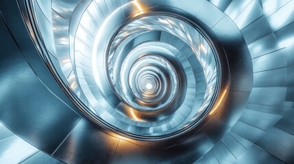 Aufkleber - Swirling metallic staircase creates a mesmerizing optical illusion in a modern architectural space. Generative AI