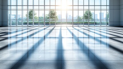 Poster - Bright sunlight casts long shadows across a spacious empty modern interior with city view. Generative AI