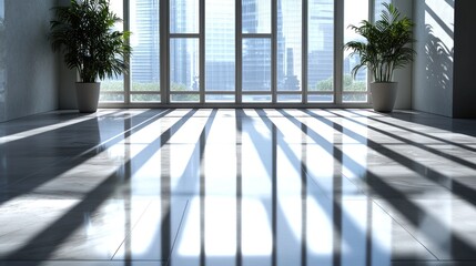 Poster - Bright modern interior with window view and long shadows cast by sunlight in an urban setting. Generative AI