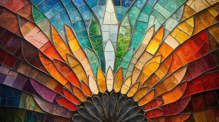 Poster - Colorful stained glass artwork depicting intricate floral design in warm and cool tones. Generative AI