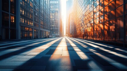 Poster - Sunset casts long shadows on urban street surrounded by modern glass buildings. Generative AI