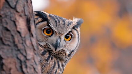 Fototapete - Owl with orange eyes peeking from behind tree trunk. Wildlife photo shows bird in natural habitat. Curious creature shows alertness. Forest scene. Autumn colors in the background. Bird watching theme.