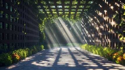 Poster - Sunlight filtering through wooden trellis in a serene garden pathway lined with greenery. Generative AI