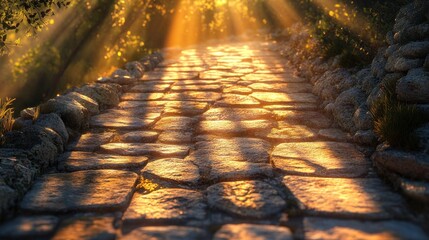 Poster - Sunlight streaming through trees onto a cobblestone pathway at sunrise in a serene outdoor setting. Generative AI