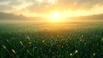 Poster - Sunrise over a dewy grass field highlighting nature's beauty and tranquility during early morning hours. Generative AI