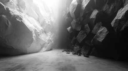 Aufkleber - Abstract interior featuring dramatic light and contrasting textures of rock and stone formations in black and white. Generative AI