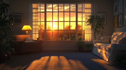 Aufkleber - Cozy living room with sunset view through large window and warm lighting in the evening. Generative AI