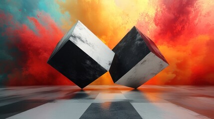 Poster - Dynamic contrast of floating cubes against a vibrant, colorful backdrop in an artistic setting. Generative AI