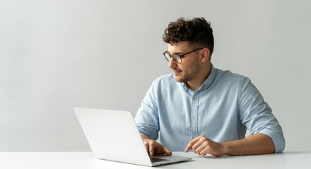 Canvas Print - Man is sitting at a table with a laptop in front of him