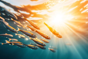 Poster - A school of fish swimming through gentle waves near the surface, with shimmering light casting beautiful patterns underwater