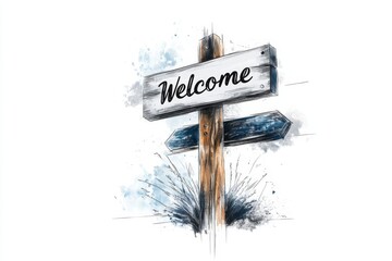 Poster - A simple illustration of a â€œWelcomeâ€ sign hanging from a wooden post, drawn with clean lines and soft neutral tones