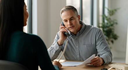 Canvas Print - Man is talking on a phone while a woman sits across from him