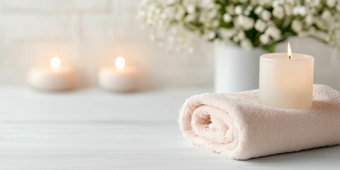 Wall Mural - Candle is lit on a white towel