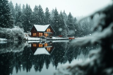 Poster - A tranquil Nordic lake surrounded by snow-covered pine trees, with soft light reflecting off the frozen surface