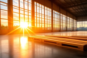 Poster - A warehouse at sunset, with warm light streaming through large glass windows, illuminating rows of wooden crates