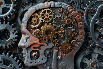 Poster - Metal gears rotating inside human head silhouette represent complex thought processes, intelligence, and creativity