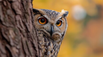 Fototapete - Owl hidden behind tree trunk. Close up view of curious creature. Orange eyes peek from behind. Autumnal colors in background. Wildlife scene. Nature photo. Owl perched on branch. Intriguing forest