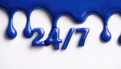 Poster - Dripping Dark Blue Liquid Creating '24/7' Text on White Surface