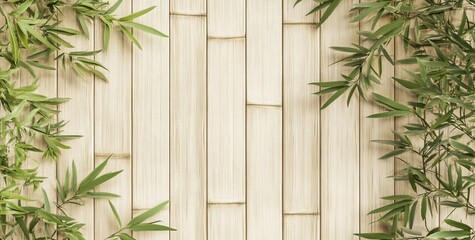 Wall Mural - Green leaves frame on light wooden background.