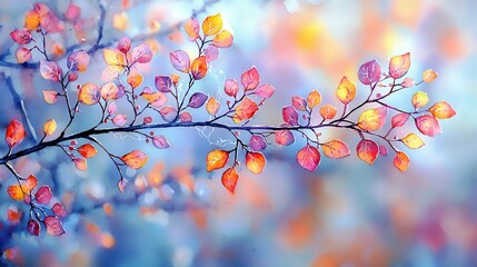 Poster - Beautiful Abstract Background with Colorful Leaves in Shades of Red, Orange, Yellow against a Soft Blue and Purple Gradient