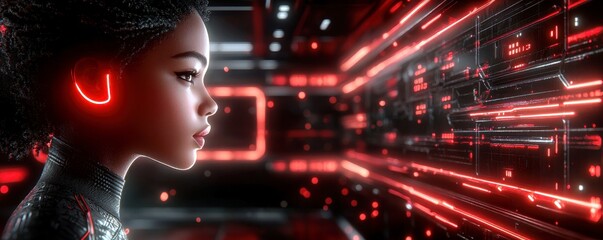 Poster - Futuristic Portrait of a Young Girl with Neon Lights in a High-Tech Environment, Evoking a Sense of Wonder and Innovation in Technology