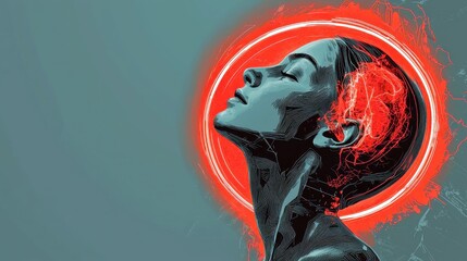 Poster - Woman in profile with abstract brain designs and glowing halo, representing creativity, intelligence, and the power of thought in a modern artistic style
