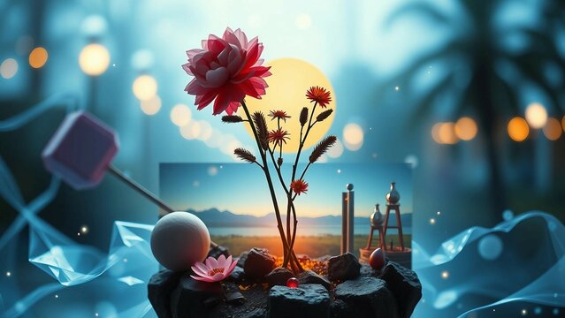 Surreal collage with vibrant imagery element set on transparent background
