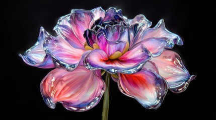 Poster - Stunning Close-Up of an Iridescent Flower with Vibrant Colors and Glossy Petals Against a Dark Background for Artistic and Nature Photography