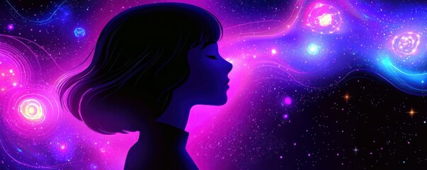 Poster - Profile of a Young Woman Silhouetted Against a Cosmic Background with Vibrant Colors and Glowing Stars in a Starry Night Scene