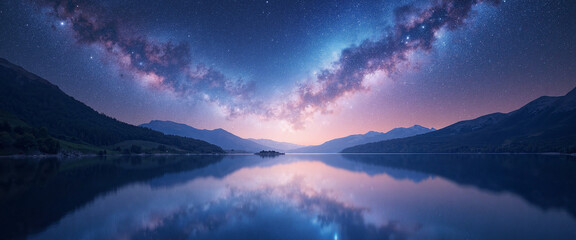Wall Mural - A tranquil lake reflects a starry night sky with a vibrant Milky Way arching over mountains, creating a serene and peaceful atmosphere in nature