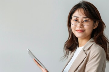 Wall Mural - Young Asian female entrepreneur holding tablet  looking professional.