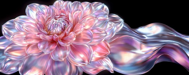 Poster - Stunning iridescent flower with soft pastel colors on a black background, depicting elegance and beauty in nature's design, showcasing delicate petals and shine