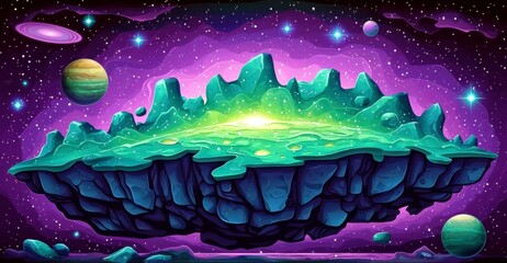 Poster - Floating Island in Space with Colorful Planets and Stars in a Cosmic Background of Violet, Green, and Blue Hues