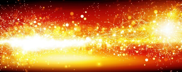 Poster - Vibrant abstract explosion of golden light particles and glowing orbs on a rich orange background ideal for creating dynamic and energetic designs